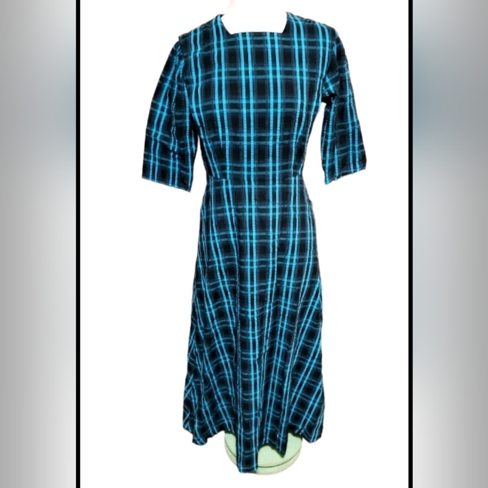 amish mennonite cape dress L Large Plaid Blue Black Half Sleeve Maxi Pla…